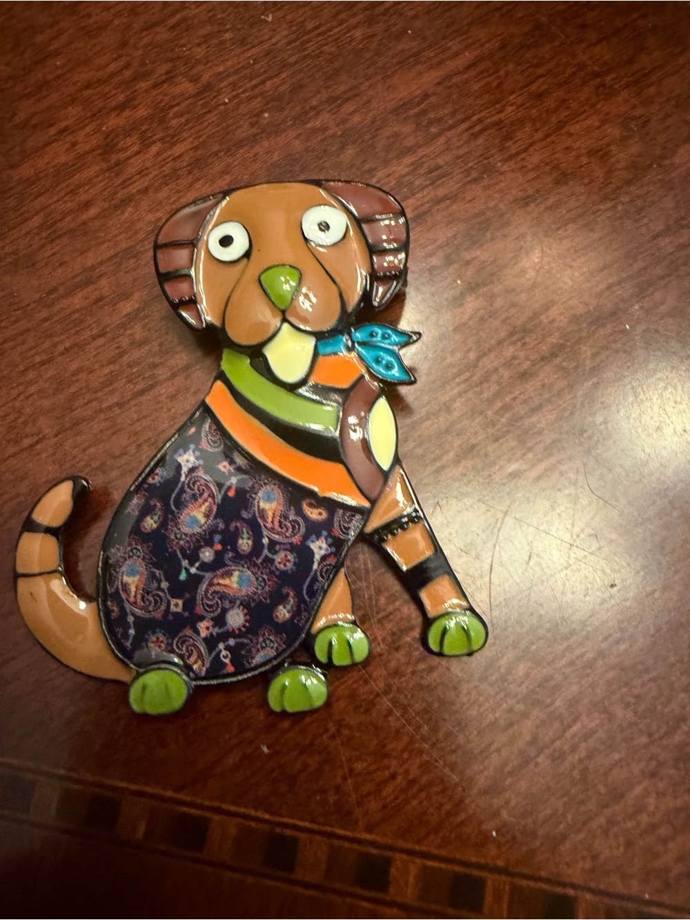 Colorful Paisley Dog Brooch with Lime and Orange Accents